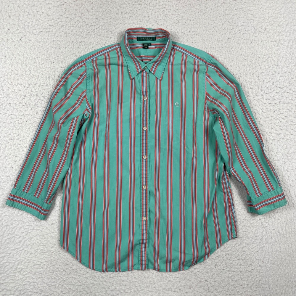 Lauren Ralph Lauren Button Down Womens Large Blue Striped Preppy Coastal Classic